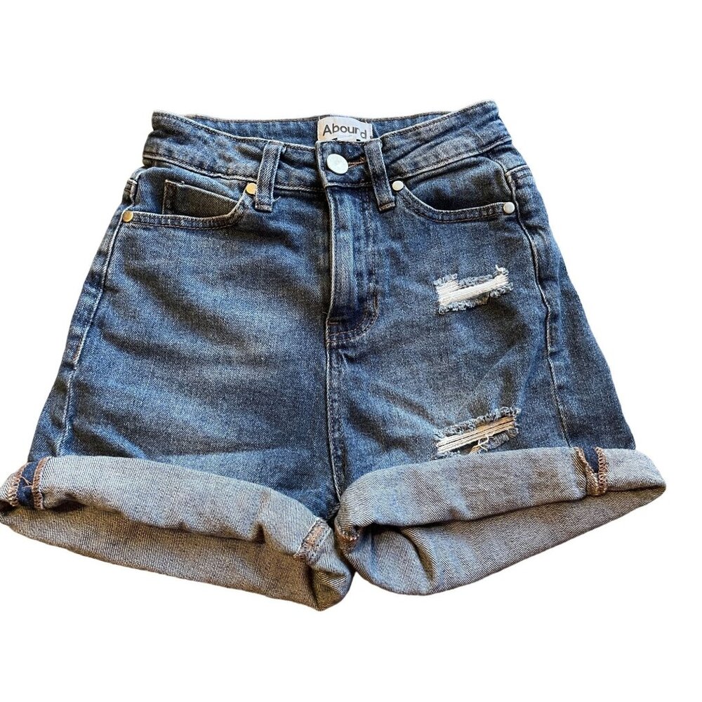 High Rise Distressed denim jean Short Women's stretch dark wash 3.5" inseam mom